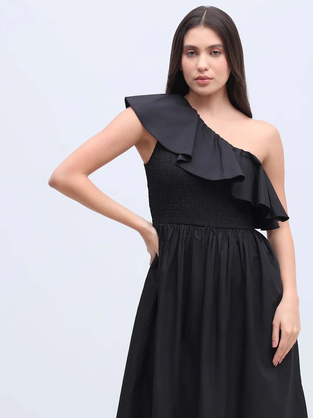 Black Smocked One Shoulder Dress - Image 5