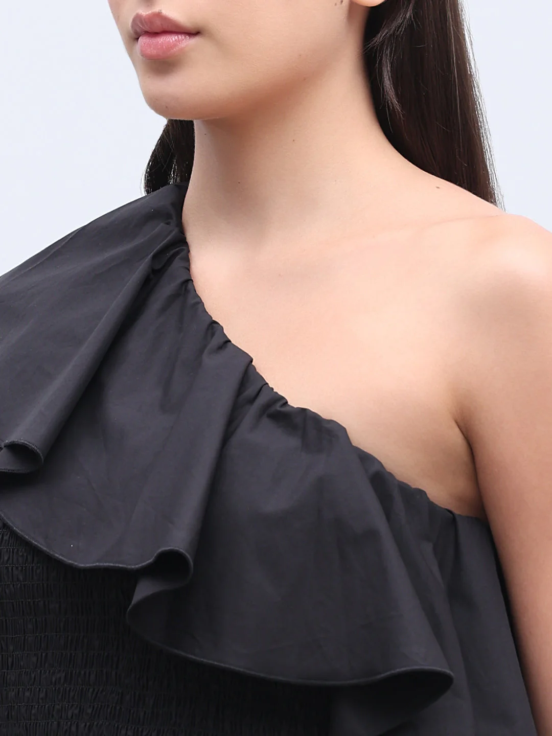 Black Smocked One Shoulder Dress - Image 6