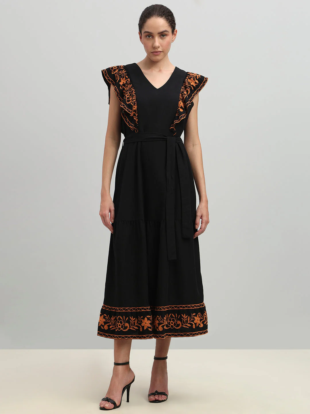 Black Contrast Embroidered Dress - Image 2