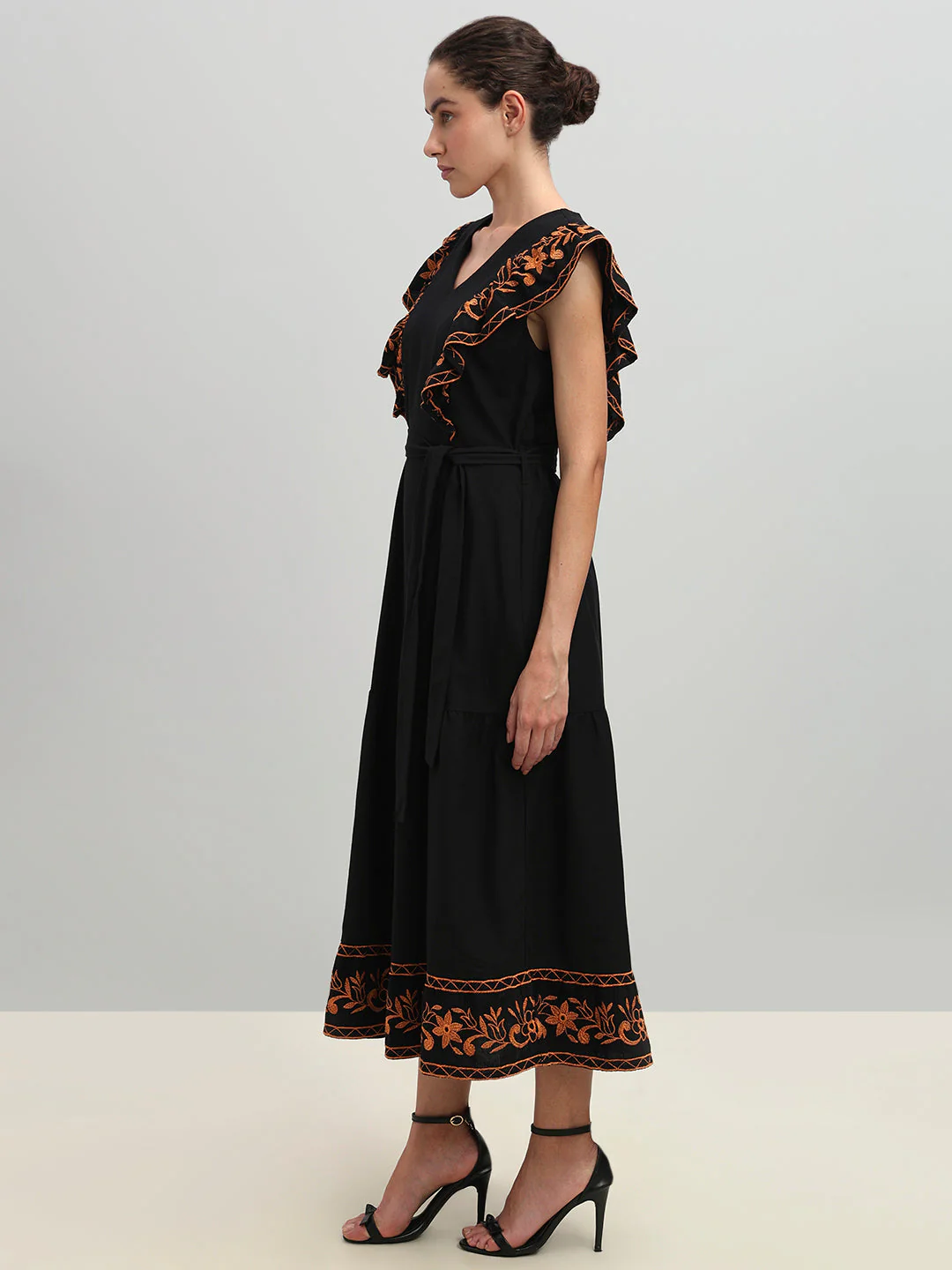 Black Contrast Embroidered Dress - Image 3