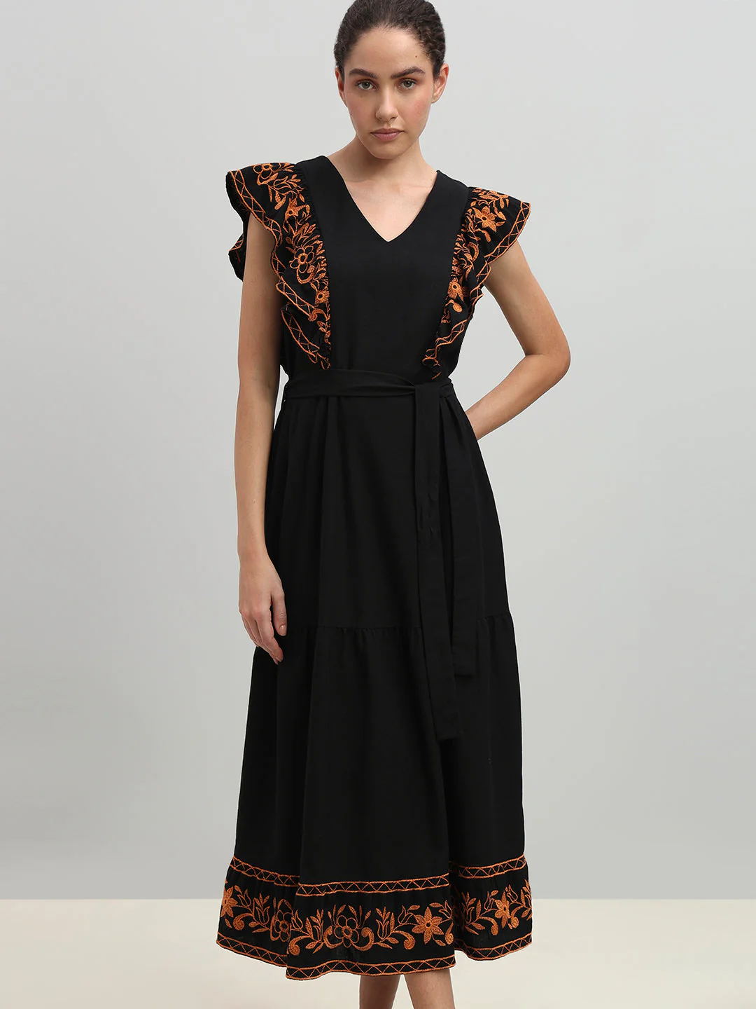 Black Contrast Embroidered Dress - Image 5