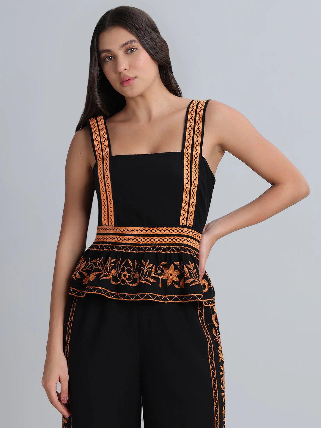 Black Contrast Embroidered Top - Image 2