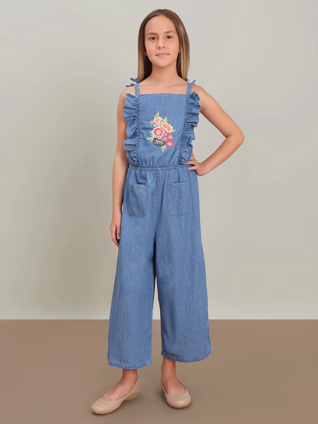 GIRL Blue Embroidered Print Denim Jumpsuit - Image 2