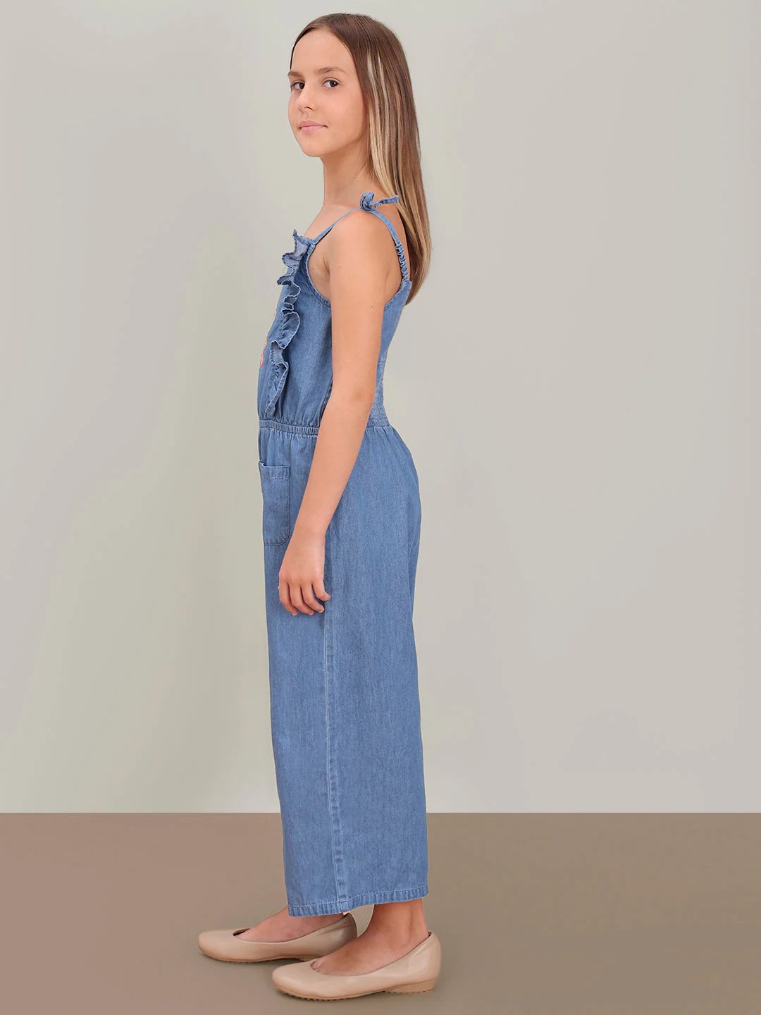 GIRL Blue Embroidered Print Denim Jumpsuit - Image 3