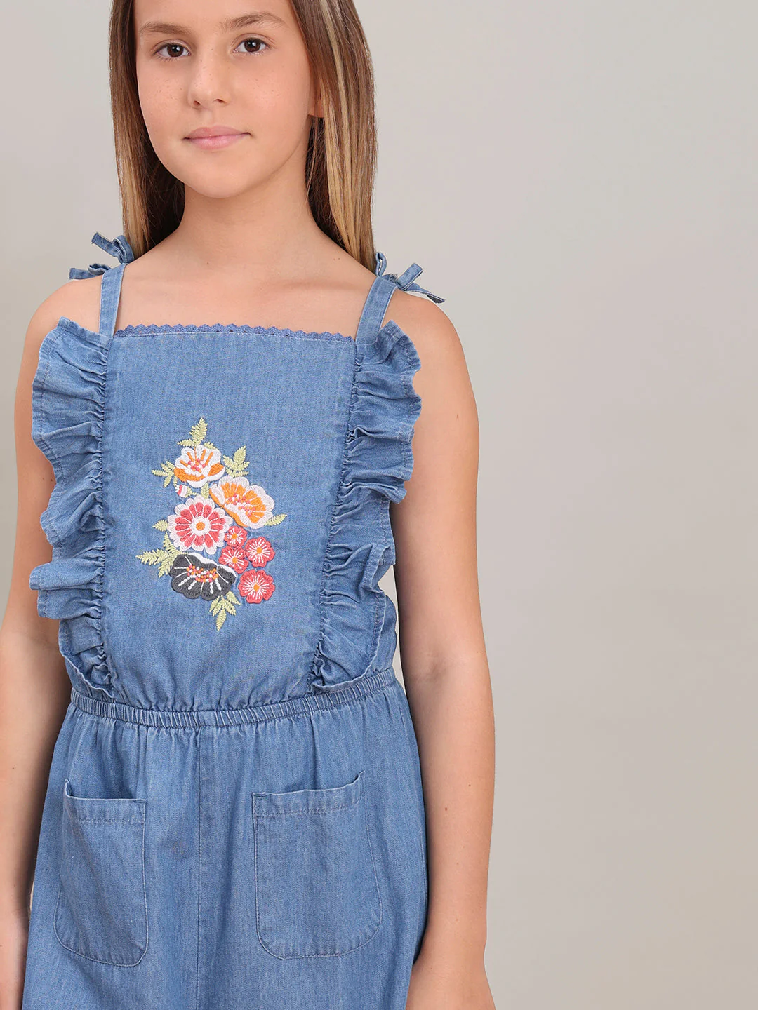 GIRL Blue Embroidered Print Denim Jumpsuit - Image 5