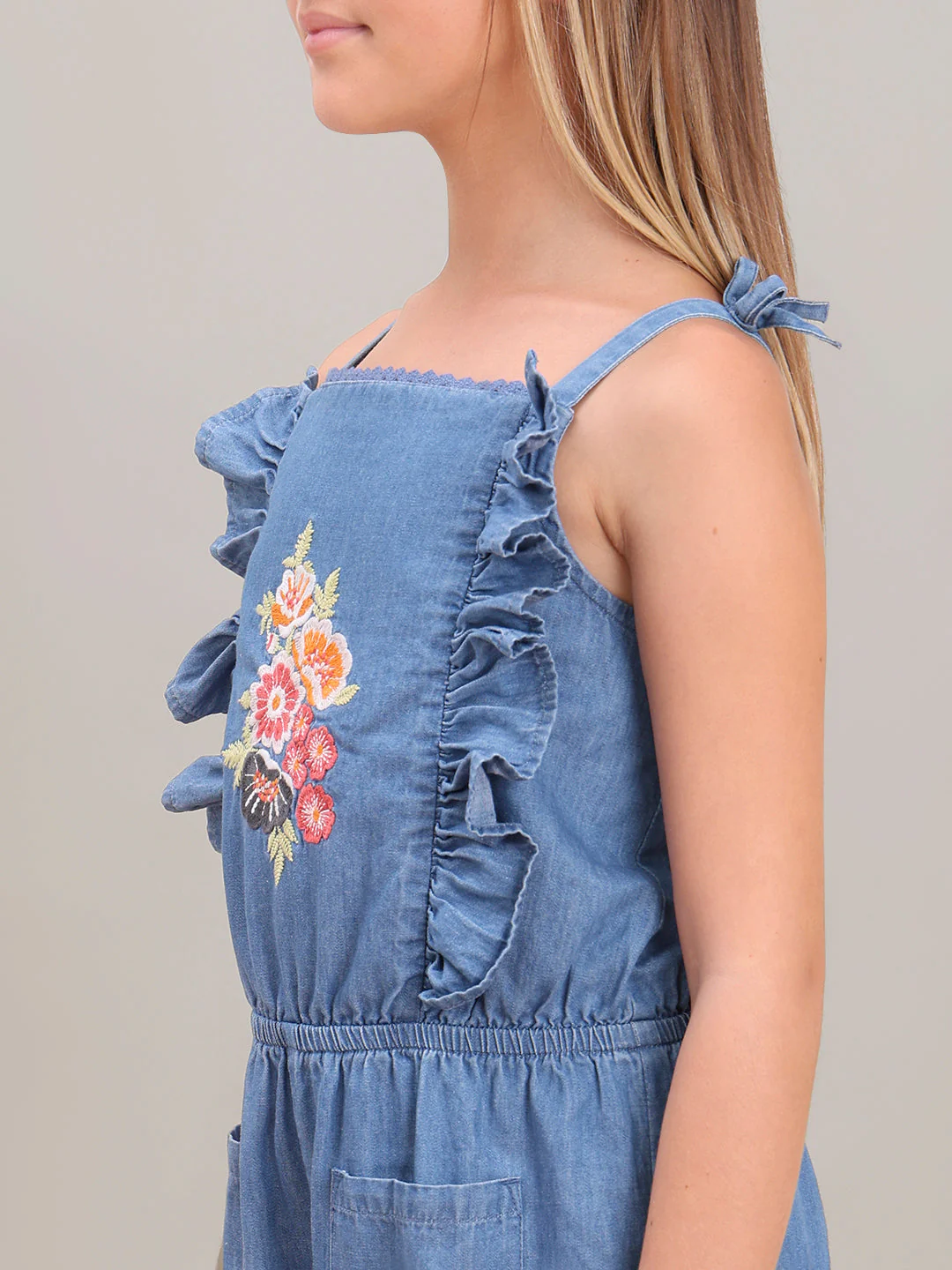 GIRL Blue Embroidered Print Denim Jumpsuit - Image 6