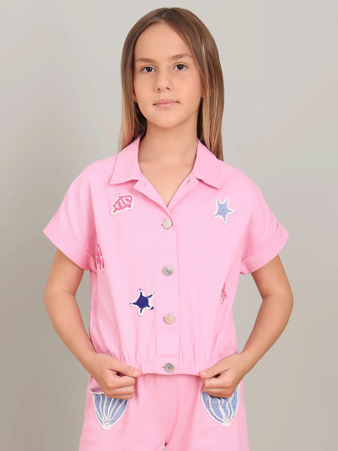 GIRL Pink Crochet Patch Cotton Shirt - Image 2
