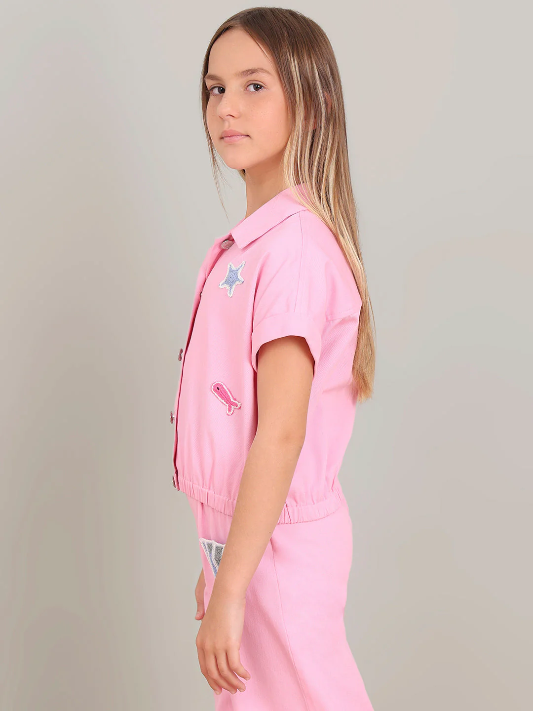 GIRL Pink Crochet Patch Cotton Shirt - Image 3