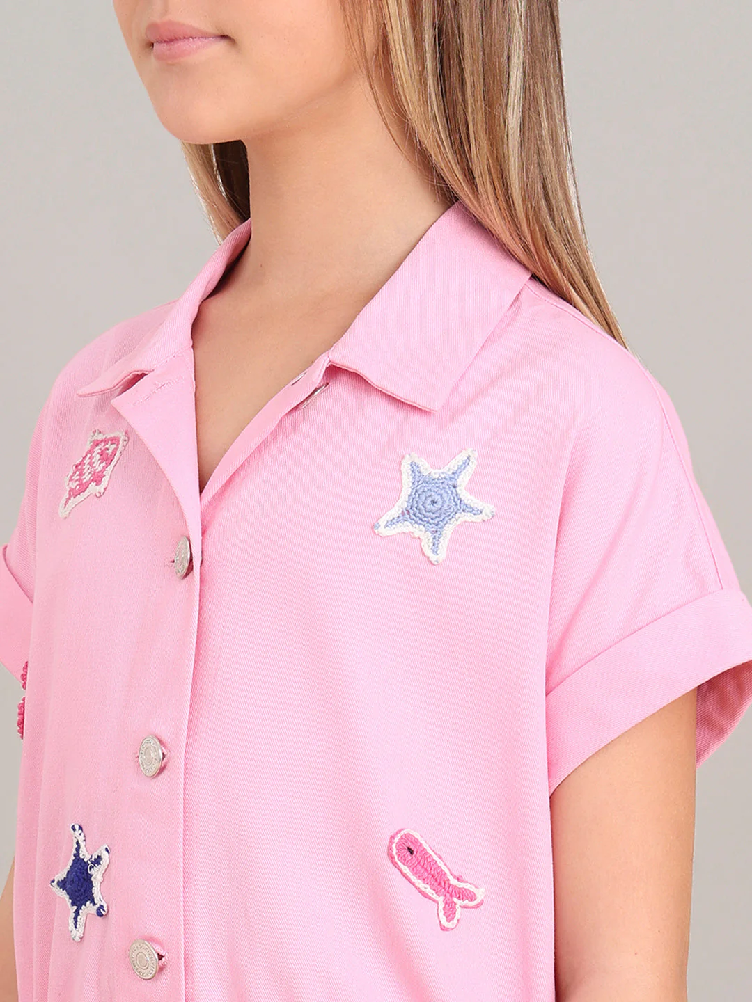 GIRL Pink Crochet Patch Cotton Shirt - Image 8