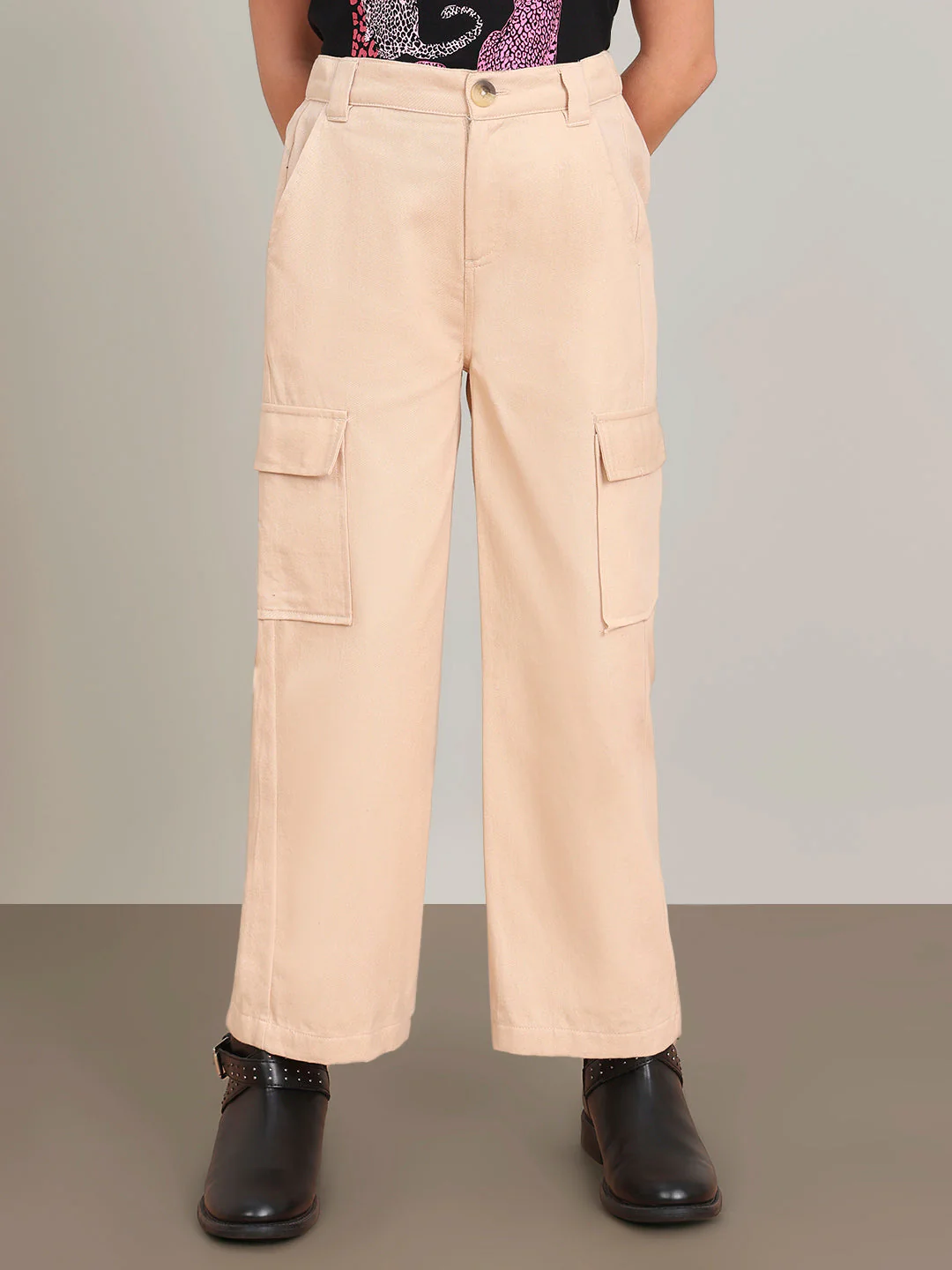 GIRL Mid Rise Wide Leg Cargo Pants - Beige - Image 2