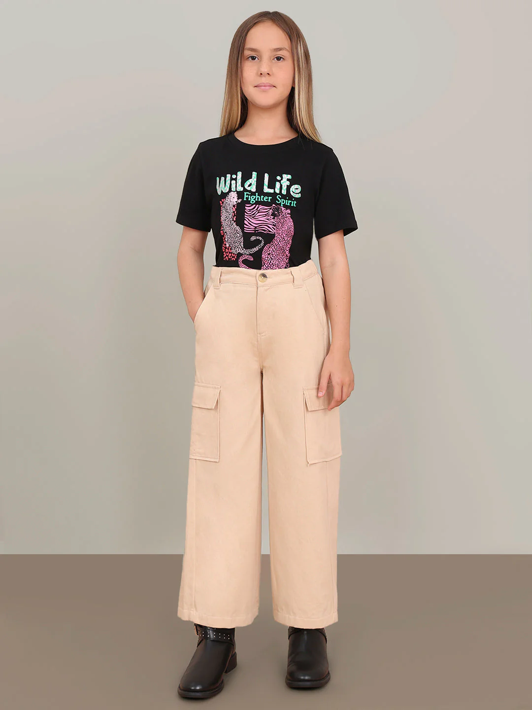 GIRL Mid Rise Wide Leg Cargo Pants - Beige - Image 5