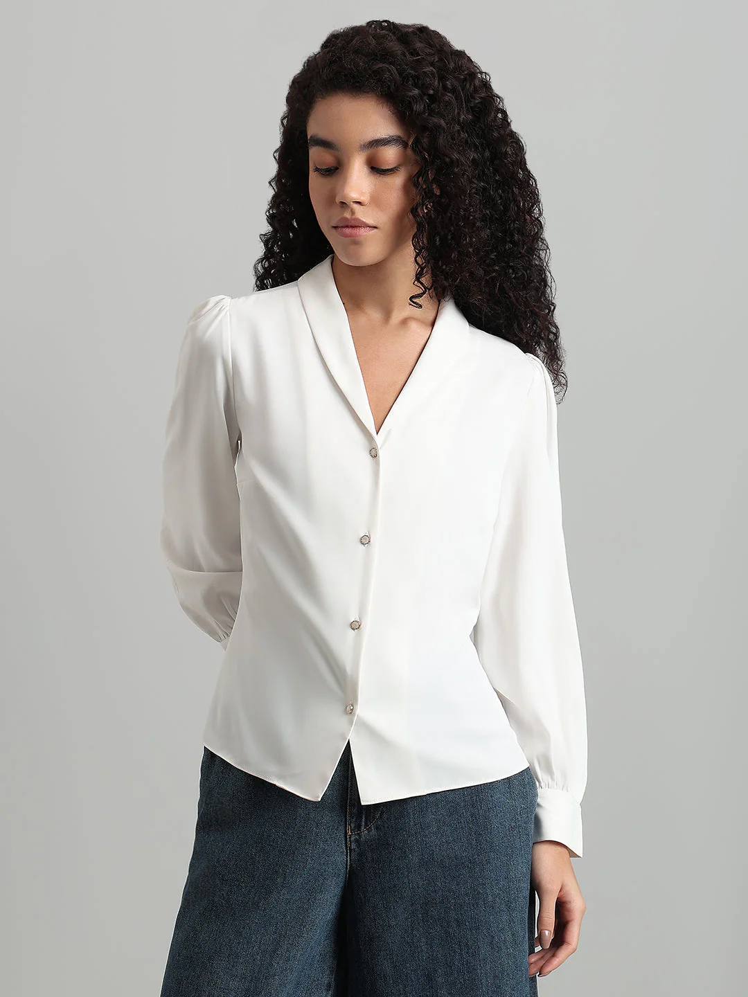 Shawl Collar Full Sleeves Top - White - Image 2