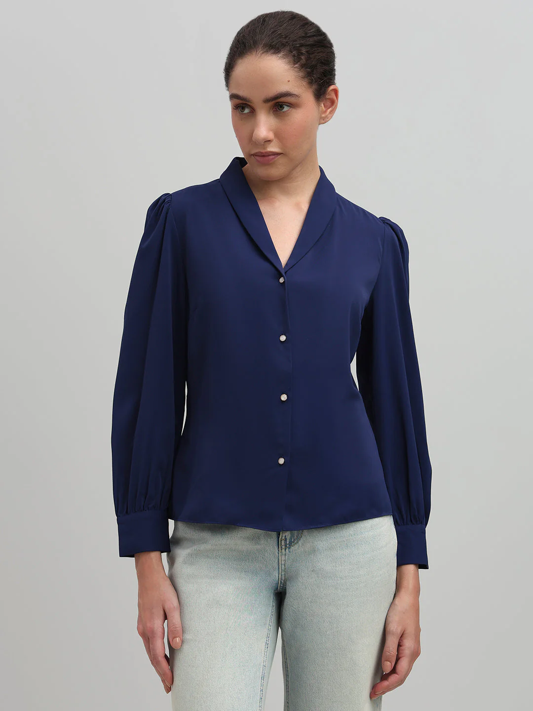Shawl Collar Full Sleeves Top - Blue - Image 2