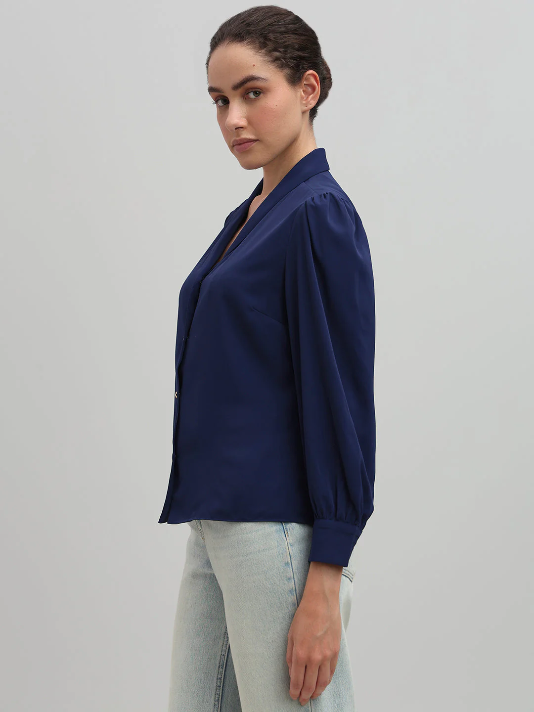 Shawl Collar Full Sleeves Top - Blue - Image 3