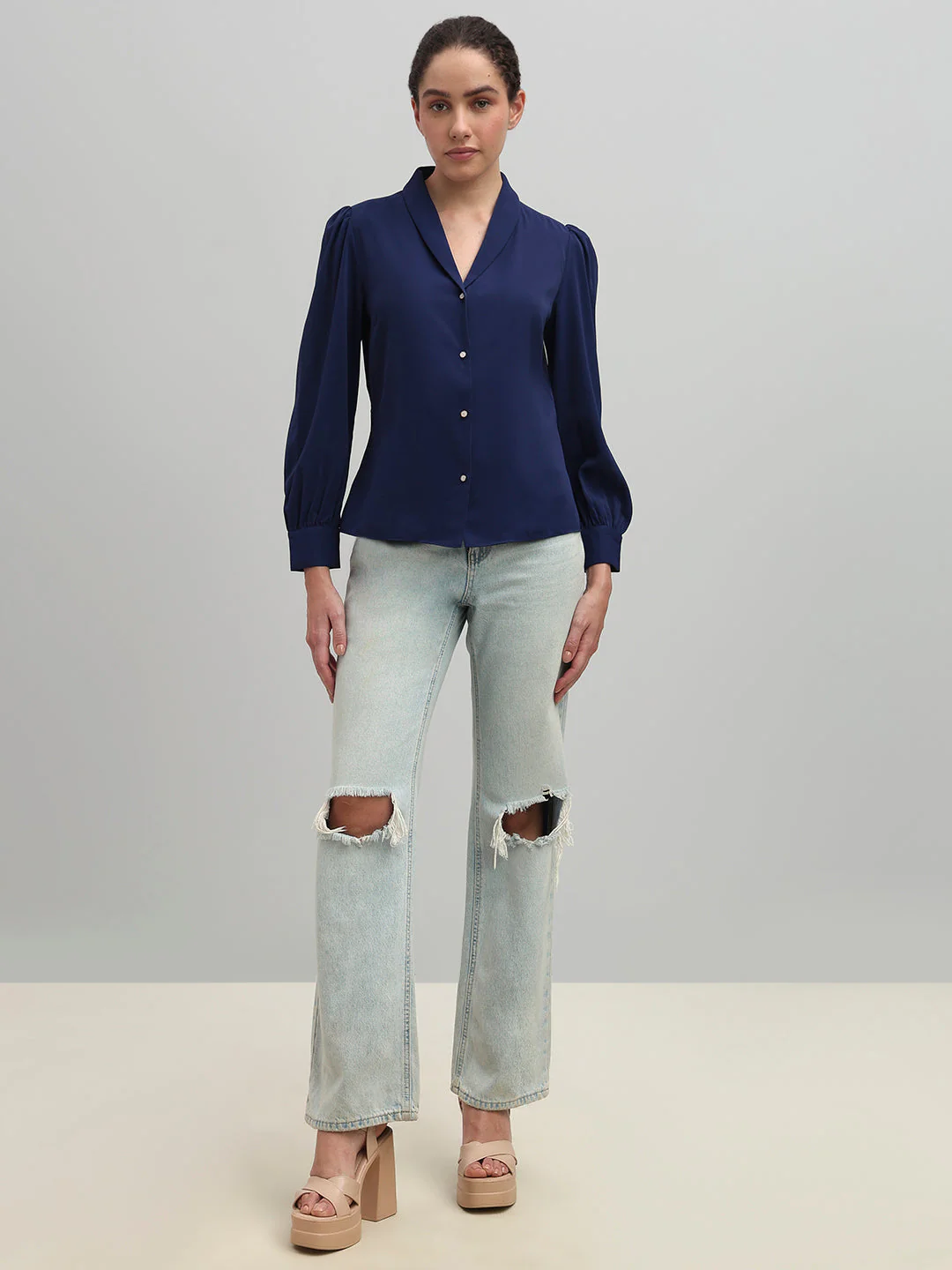 Shawl Collar Full Sleeves Top - Blue - Image 5