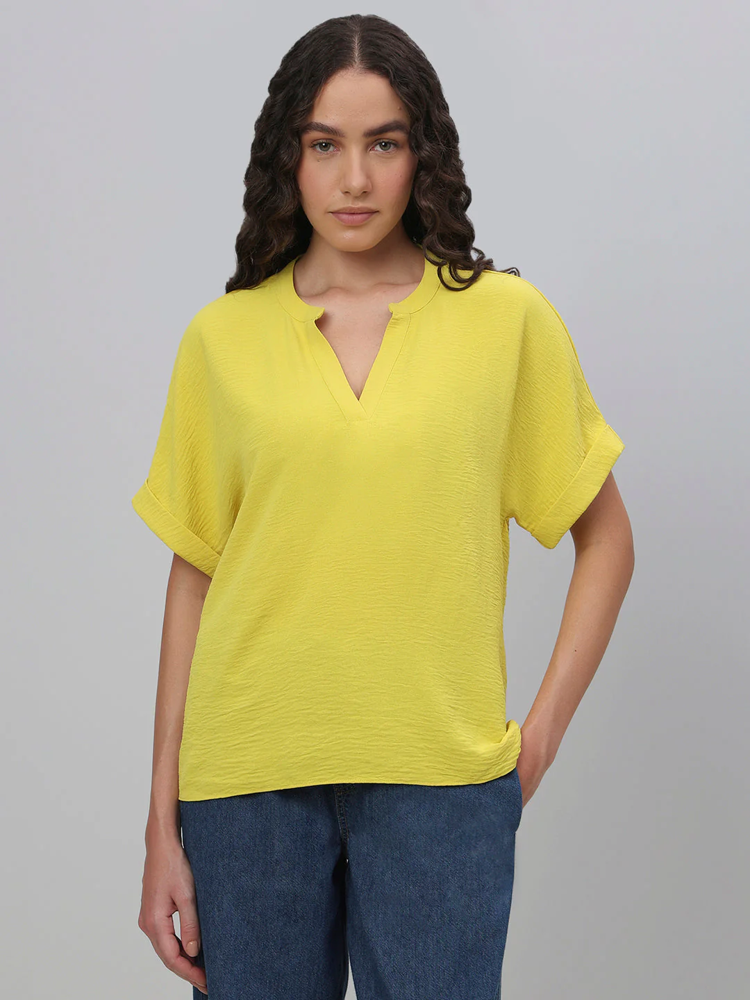 V-Neck Textured Top - Yellow - Image 2