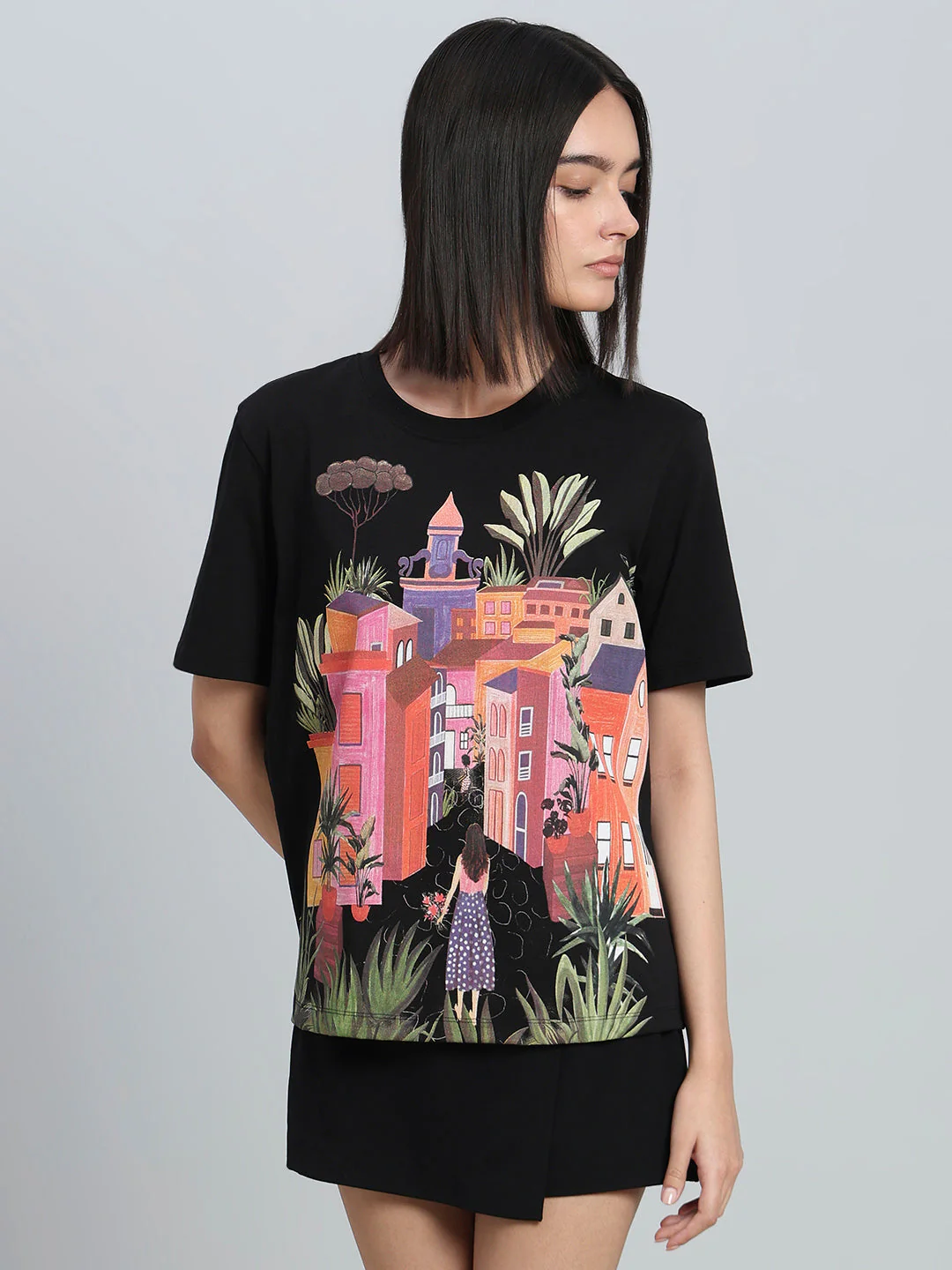 Black Printed Cotton T-shirt - Image 2