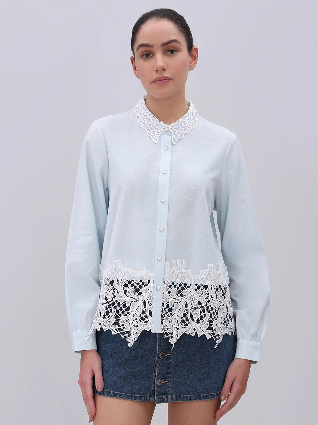 Light Blue Lace Detail Shirt - Image 2