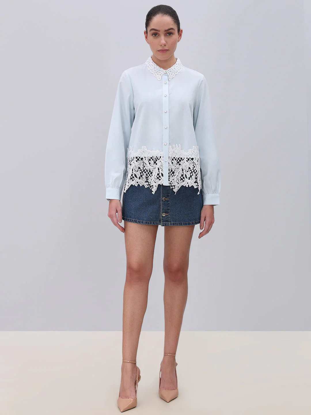 Light Blue Lace Detail Shirt - Image 5