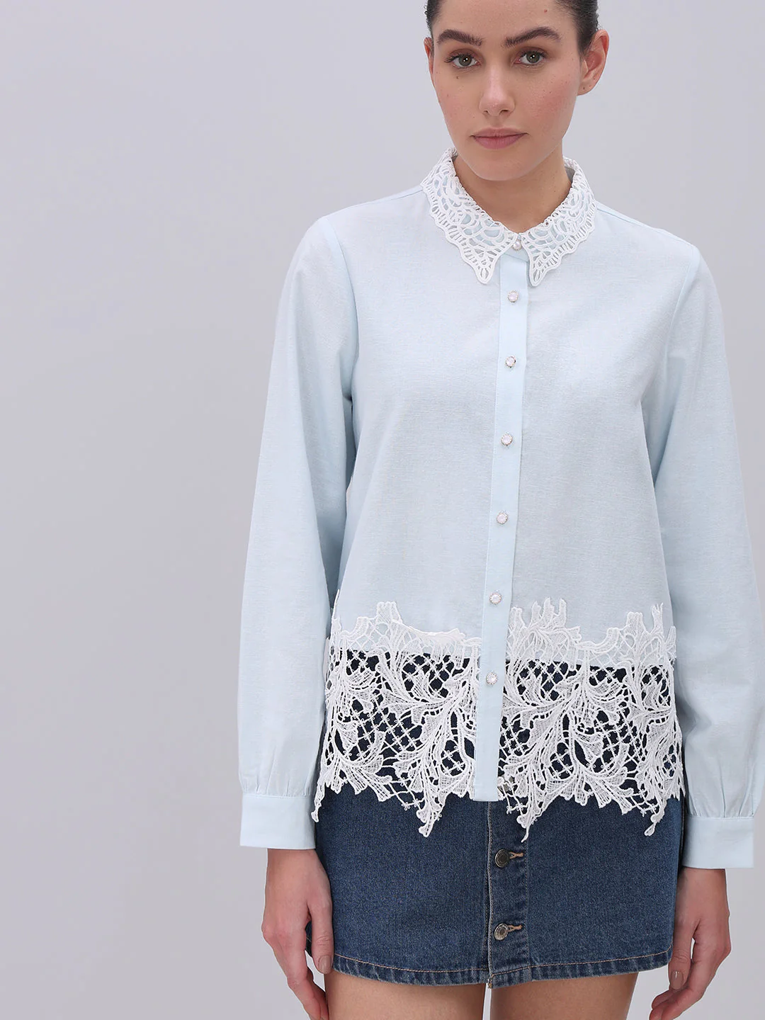 Light Blue Lace Detail Shirt - Image 6